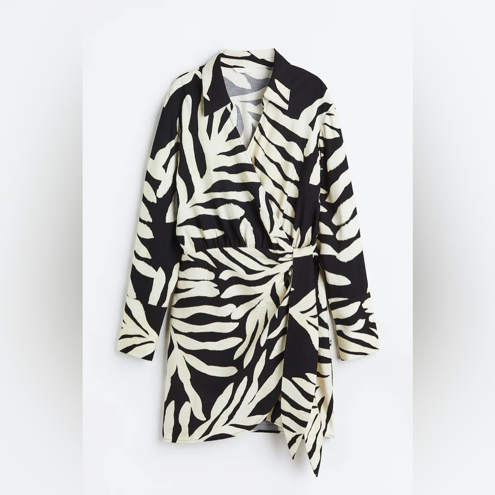 H&M tie-belt dress in black and a white leaf pattern